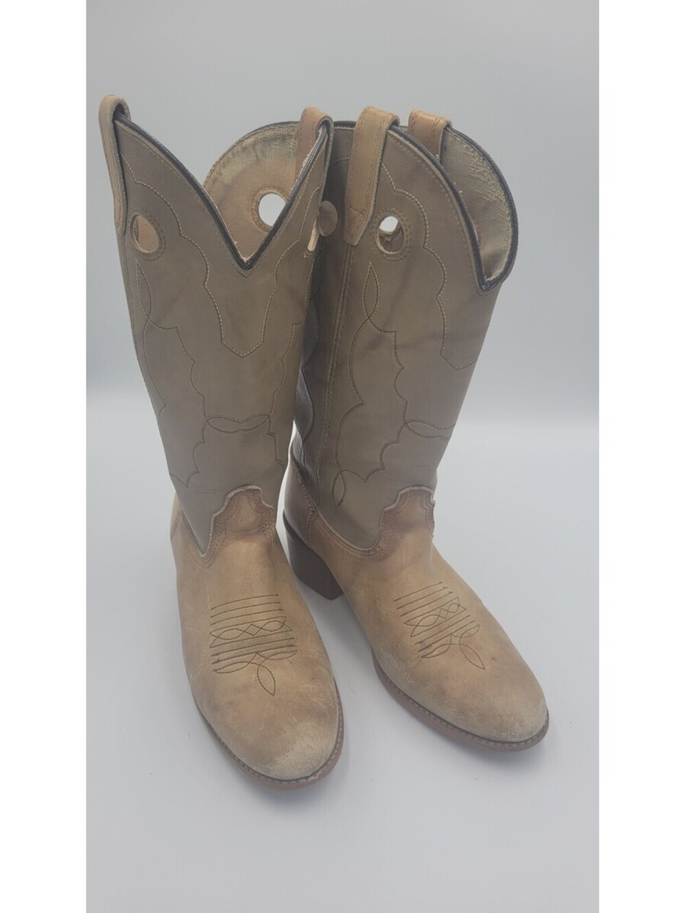 Vintage Two-Tone Leather Cowboy Boots with Decorative Stitching, Made in USA